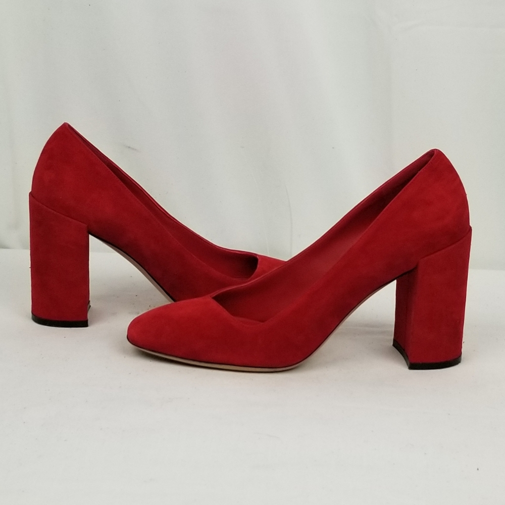 Salvatore Ferragamo  Arrezo Red Suede Block Heel Pumps 8 - Picture 2 of 9